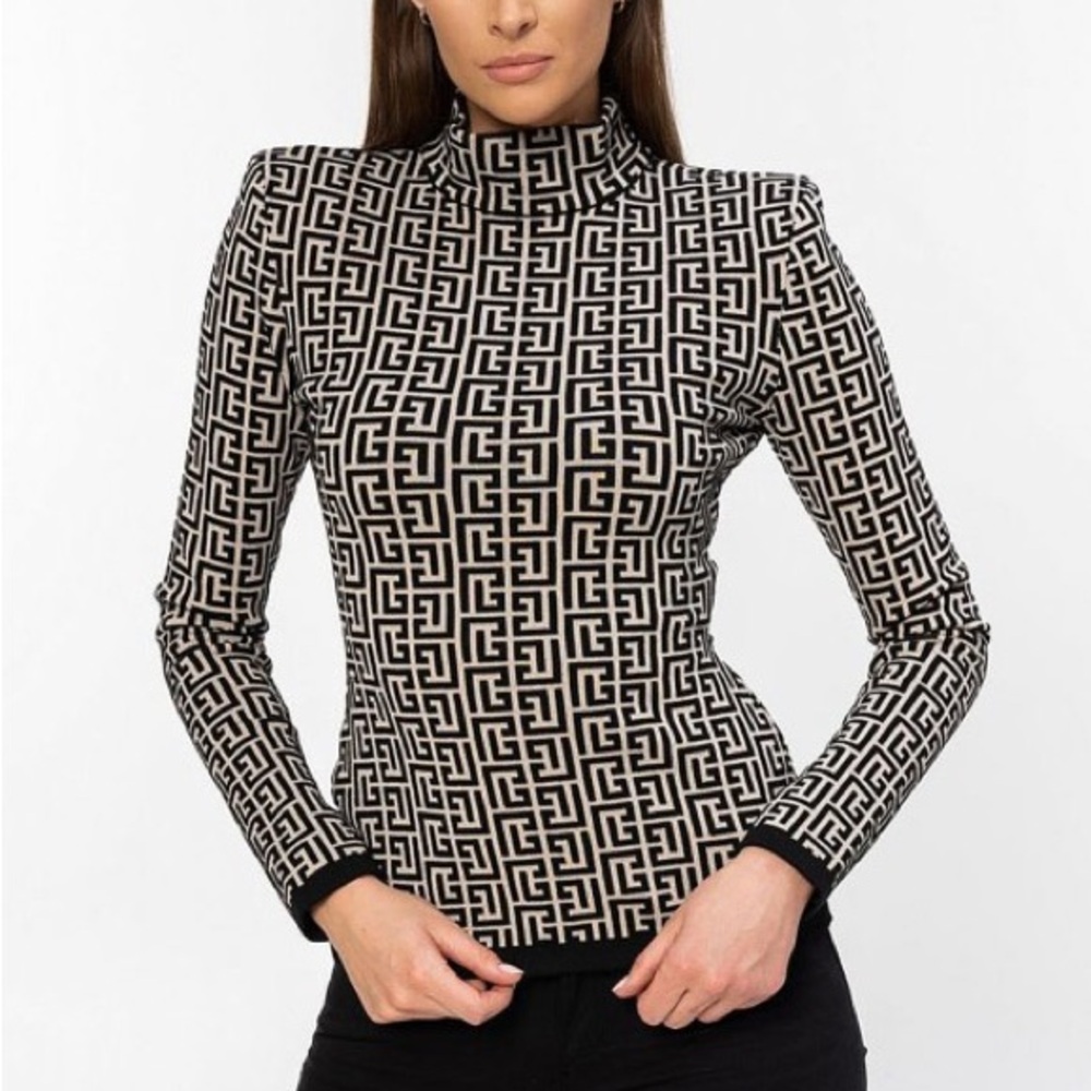 BALMAIN Women's black monogrammed turtleneck blouse